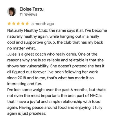 5-star Google review of the Naturally Healthy Club by Eloïse Testu