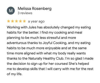 5-star Google review of the Naturally Healthy Club by Melissa Rosenberg
