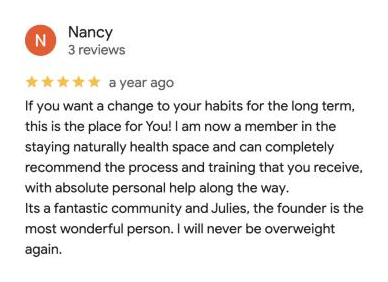 5-star Google review of the Naturally Healthy Club by Nancy