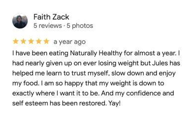 5-star Google review of the Naturally Healthy Club by Faith Zack