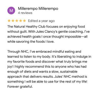 5-star Google review of the Naturally Healthy Club by Millerempo