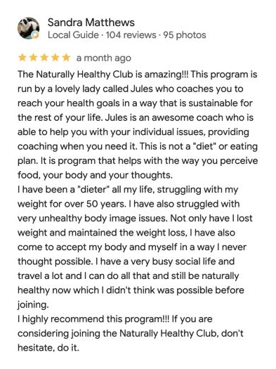 5-star Google review of the Naturally Healthy Club by Sandra Matthews
