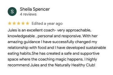 5-star Google review of the Naturally Healthy Club by Sheila Spencer