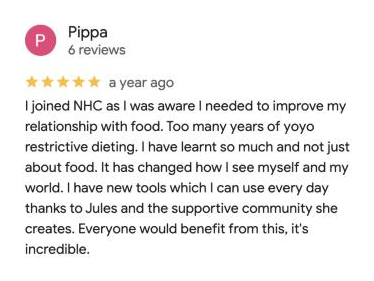 5-star Google review of the Naturally Healthy Club by Pippa